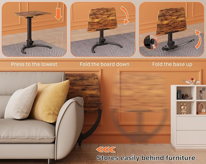 JOY worker Foldable Rolling Standing Desk, 90° Tilt Sit Stand Portable Desk | Dark Walnut MDF Desktop, Height Adjustable, Collapsible Low Base with Hidden Wheels, Non-Slip Bar, Holds 22lbs, Home Office - Image 9