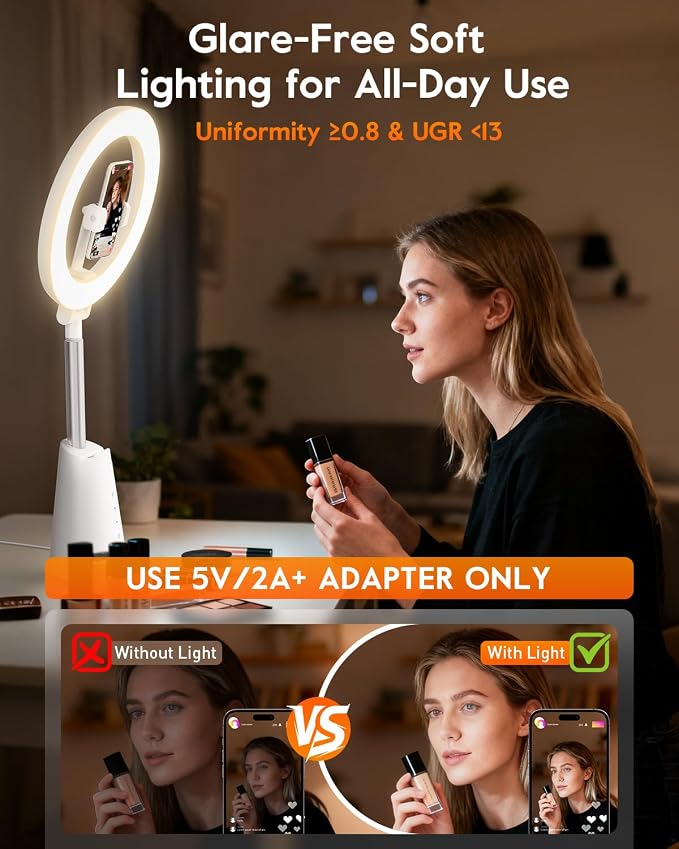 Ring Light for Makeup and Video Recording, 11" Desk Ring Light with 13.5" Stand & Phone Holders, Touch Control, Dimmable LED Selfie Light for Makeup, Video, Zoom Calls, Live Stream, YouTube&TikTok - Image 2
