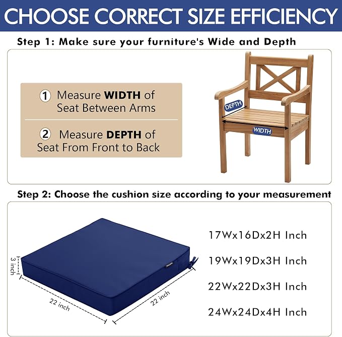 Outdoor Chair Cushions Set of 2, 22 x 22 x 3 Inch Deep Seat | 3 Year Color Fastness Thick Patio Chair Cushion with Ties for Garden Lawn Sofa Couch, Navy Blue - Image 4