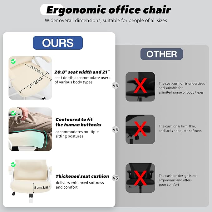 Fizzin Office Chair Mesh Computer Chairs with Adjustable Lumbar Support | Ergonomic Office Chair, Home Office Desk Chairs with Thickened Cushion and Headrest, Comfy Gaming Chair (Buff Beige) - Image 4