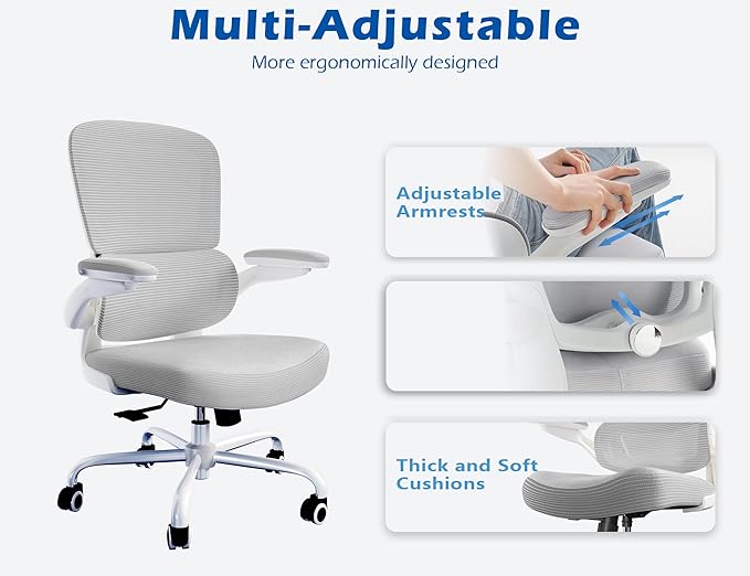 TRALT Ergonomic Office Chair Desk Chair with Adjustable Lumbar Support | Desk Chair Comfy with Flip-up Armrests Ergonomic Chair - Mesh Computer Chairs for Adults, 330lbs, PU Leather (Grey, 1) - Image 5