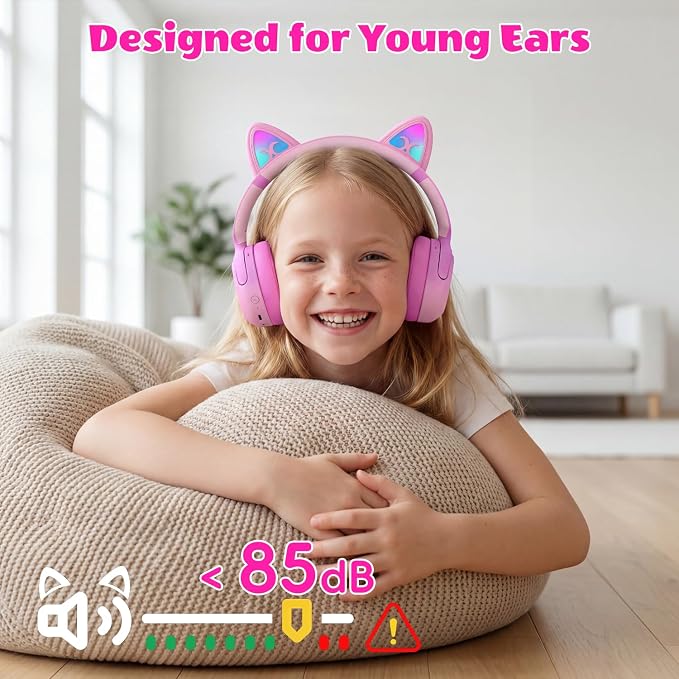 Candy Bila Kids Bluetooth Headphones, Active Noise Cancelling, 85dB Limit | LED cat ear, 40H playtime, Bluetooth 6.0, Fast charging, AUX Cable, Stereo Sound, Built-in mic for iPad Tablets Travel - Image 5