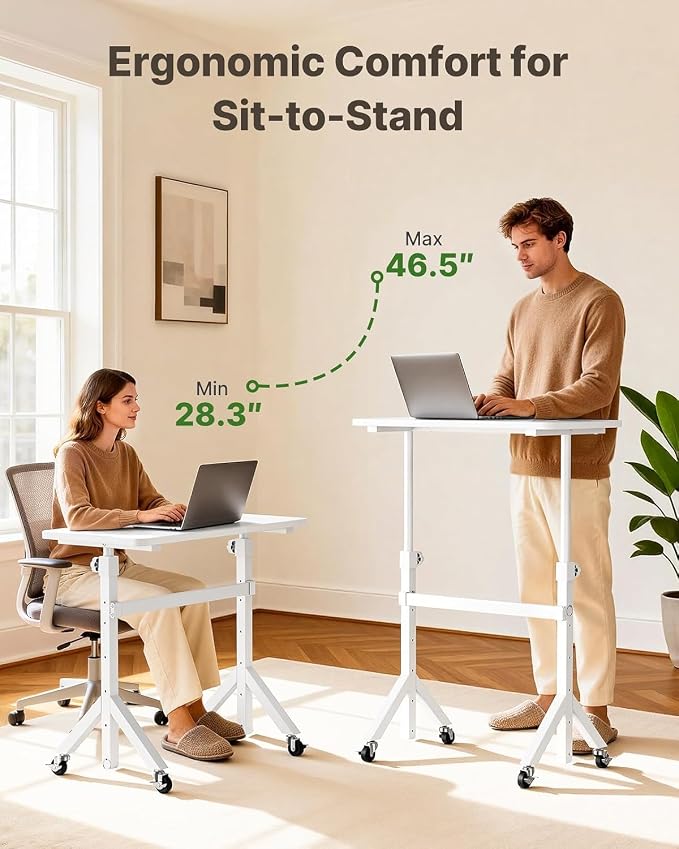 Marsail Mobile Stand Up Desk with Wheels, Adjustable Height Desk from 28.3″ to 46.5″, Rolling Standing Desk with Lockable Wheels, Portable Small Desk for Walking Pad and Treadmill, White - Image 6