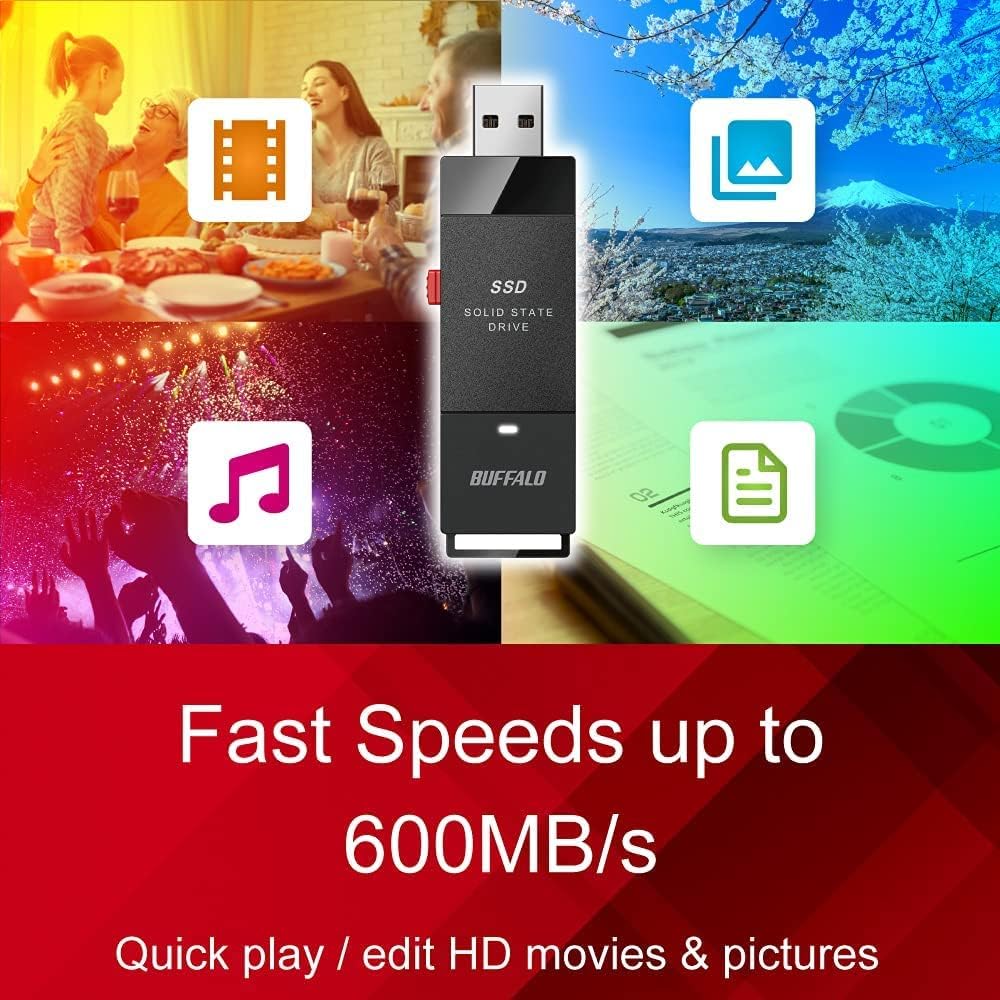 BUFFALO External SSD 500GB - Up to 600MB/s - USB-C - USB-A - USB 3.2 Gen 2 (Compatible with PS4 / PS5 / Windows/Mac) - External Solid State Drive Stick - ‎‎‎SSD-PUT500U3B - Image 2