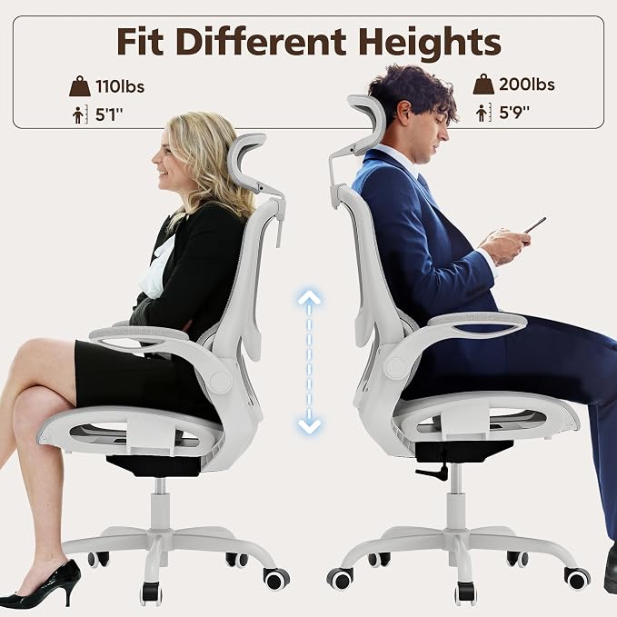 Ergonomic Mesh Office Chair- White Desk Chair, Flip-Up Armrest, Adjustable Headrest, Tilting with Soft Seat and PU Wheel, Elite Home Desk Chair for Work, Study, Gaming (GY1108) - Image 9