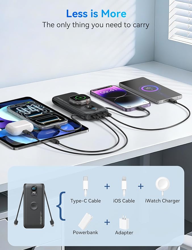 Portable Charger Power Bank 10000mAh PD20W w/Built-in Cables & AC Plug | Portable charger iphone,Fast charging, Built-in wall plug, LED display, Charge 6 devices at once, Pass through charging - Image 3