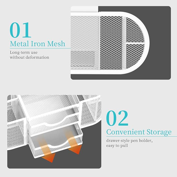 Mesh Desk Organizer, Pen Holder for Desk with 2 Drawers, White | Desk Organizers and Accessories with 8 Compartments and 2 Drawers, Pencil Holder for Desk for Small Office Supplies - Image 5