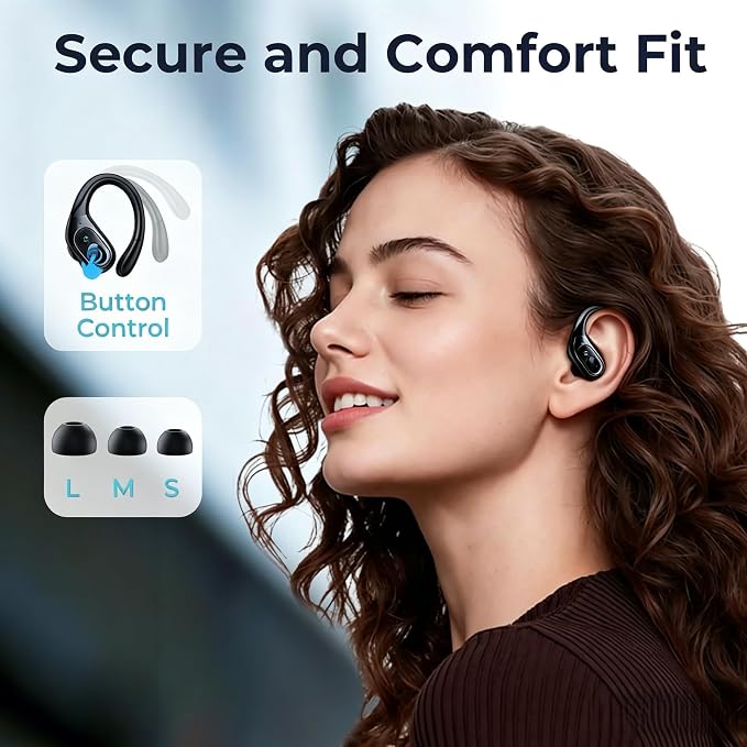 occiam Active Noise Cancelling Earbuds Wireless Bluetooth Headphones Ear Buds 90Hrs Playback Stereo Bass Earphones with Mic Over-Ear Hooks IPX7 Waterproof Headset for Work Sports (Glossy Black) | Ear Buds 90Hrs Playback Stereo Bass Earphones with Mic O... - Image 5
