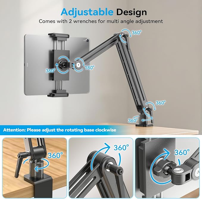 Portable Monitor Arm Mount Holder Screen Stand 18.5" 360° Rotating Base | Solid Aluminum,Tool-Free Tilt,No Sagging,Zero Plastic Joints,Hybrid Lock,Desk Protection Clamp for WFH Setups & Coding - Image 5