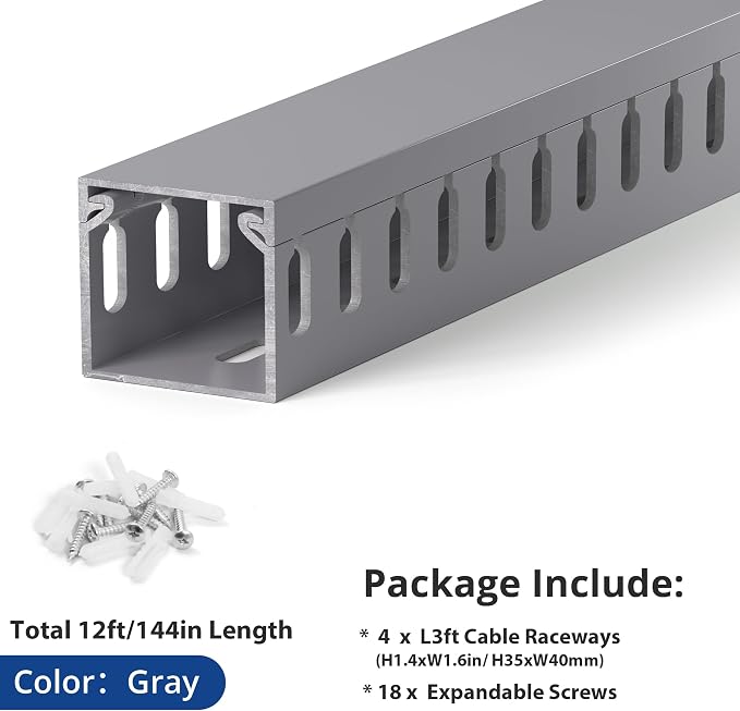1.4"H x 1.6"W Cable Raceway, 12ft Under Desk Wire Management Channel, Grey | Slotted Wire Duct, 4 Pack (3 ft Each), Heavy-Duty PVC Cable Management for Server Racks, Network Cables & Electrical Cabinets - Image 4