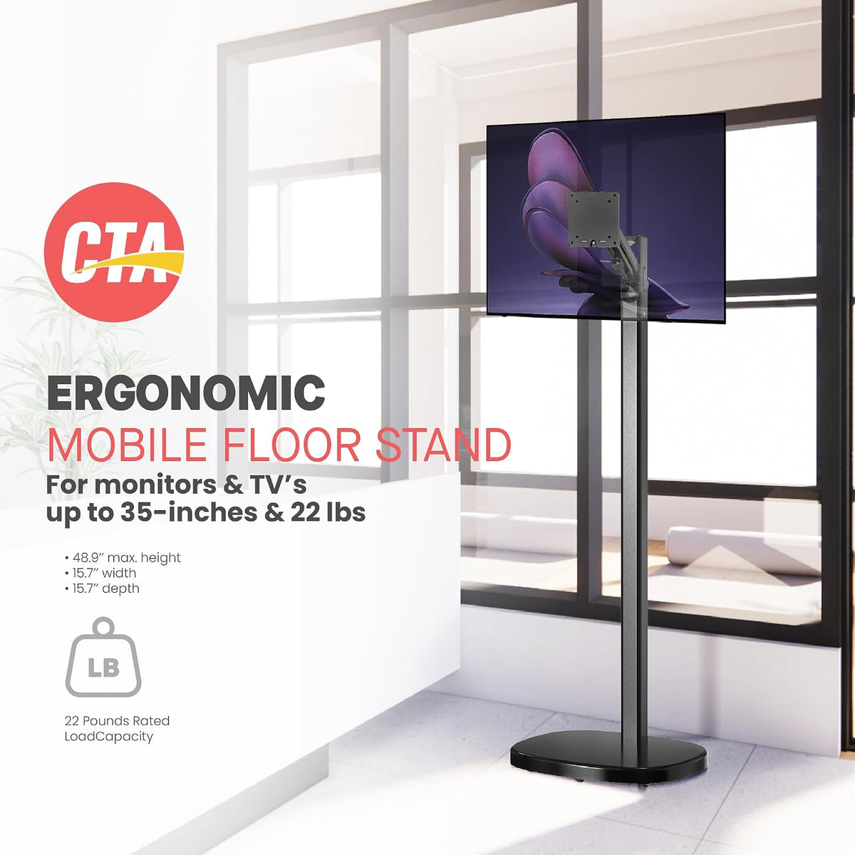 CTA Ergonomic Floor Stand for Monitors & TV’s Up to 35-inches & 22 lbs - Mobile Stand with Anti-Knockdown Base & Height Adjustable - Commercial Grade - Black - (ADD-MSADFSB) - Image 3
