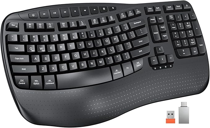 MEETION Wireless Ergonomic Keyboard with Wave Keys and Wrist Rest - Black | Firm wrist rest, 2.4G USB-A receiver, USB-C adapter included, full-size layout, compatible with Windows, Mac, PC, laptop by MEETION