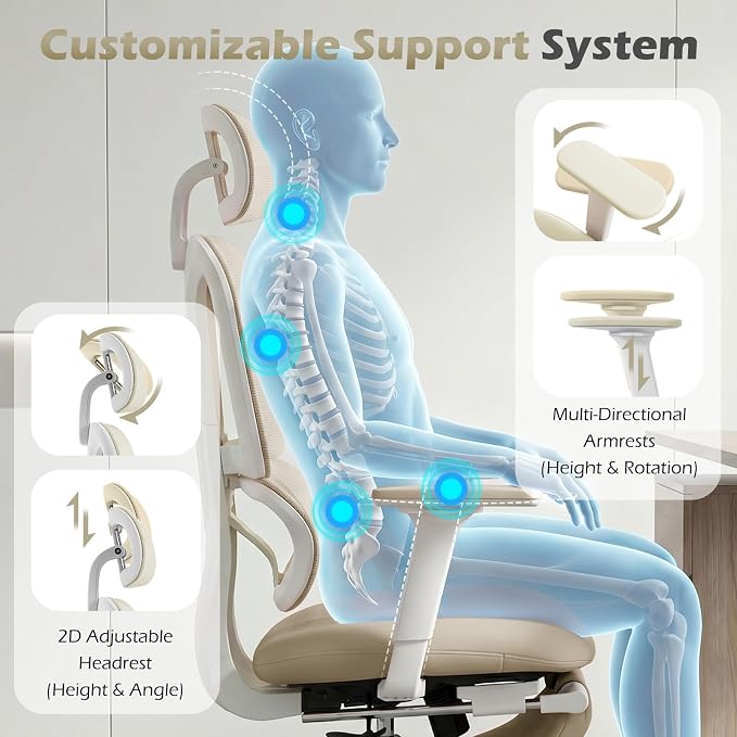 Ergonomic Office Chair with Footrest and Dynamic Lumbar Support, Cream | Reclining high-back computer chair, memory foam seat, 2D armrests, 2D headrest, mesh desk chair for home office, long hours - Image 6