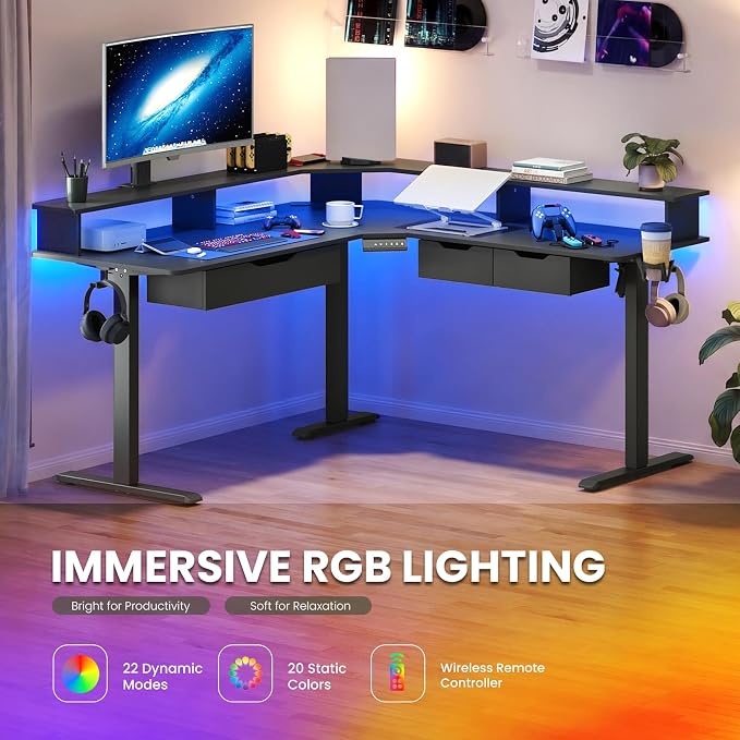 MALOL 59" L Shaped Electric Standing Desk with Drawers, Height Adjustable Desk with Power Outlets & LED Lights, Monitor Stand, Corner Computer Desk for Home Office, Black - Image 6