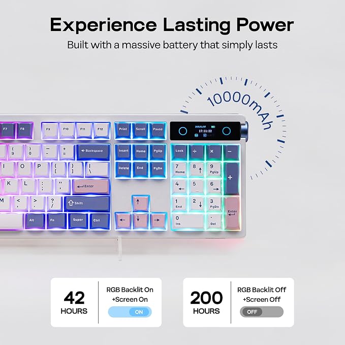 EPOMAKER TH108 PRO Full Size Mechanical Keyboard with Screen & Knob | Wireless Gaming Keyboard with 10000mAh, Creamy Gasket, Hot Swap, Custom Driver, RGB Backlight (White, Sea Salt Silent) - Image 4