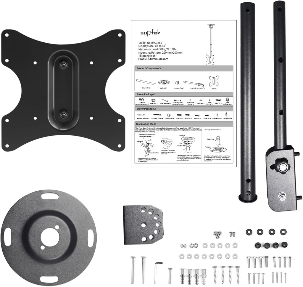 Suptek Ceiling TV Mount Fits Most 23-43 inch LCD LED Plasma Panel Display with Max VESA 200x200mm Loaded up to 35kg/77.16lbs Height Adjustable MC3260 - Image 7