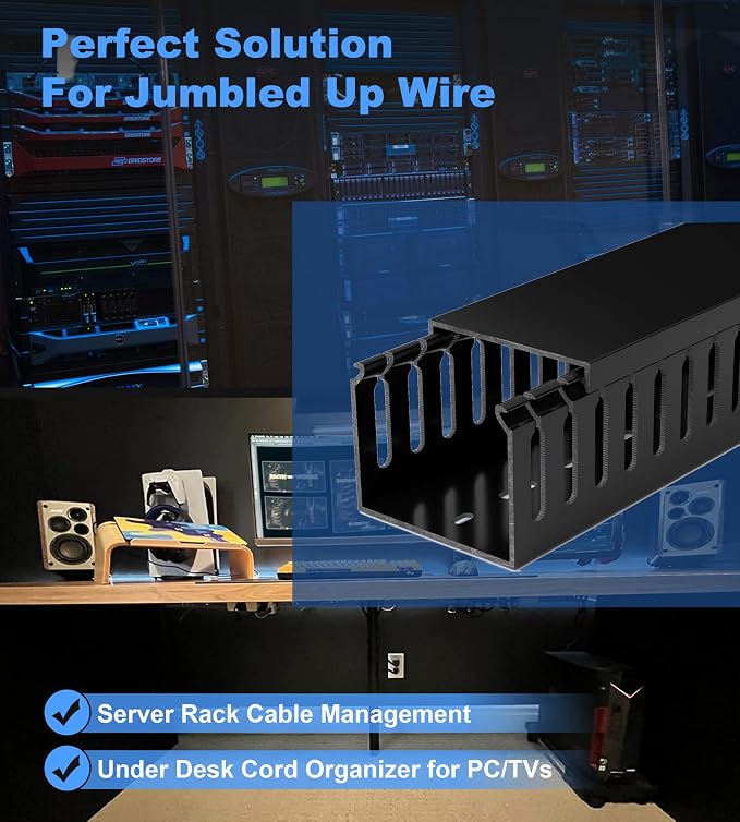 ZhiYo 2"H x 2.4"W Cable Management Raceway, 95in Under Desk Channel, Black | Slotted Wire Duct, 4Pack, 23.6in Each, Heavy-Duty PVC Cable Management for Server Racks, Network Cables & Electrical Cabinets - Image 6