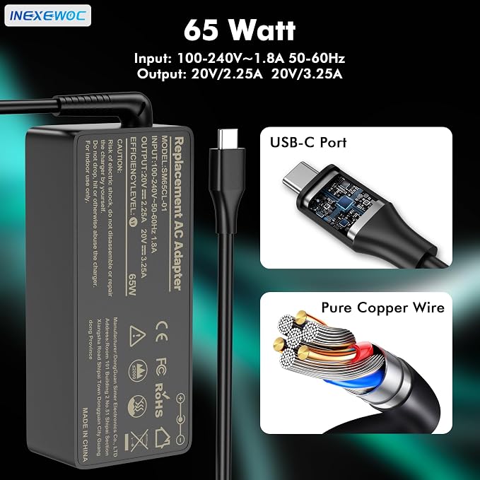 65W USB Type C Charger Compatible with LenovoThinkPad/Chromebook/Yoga, Compatible with Lenovo ThinkPad T14 T16 E15 E14 T480 T490 Yoga 7i C930 C940 Chromebook S330 Laptop Power Cord - Image 3