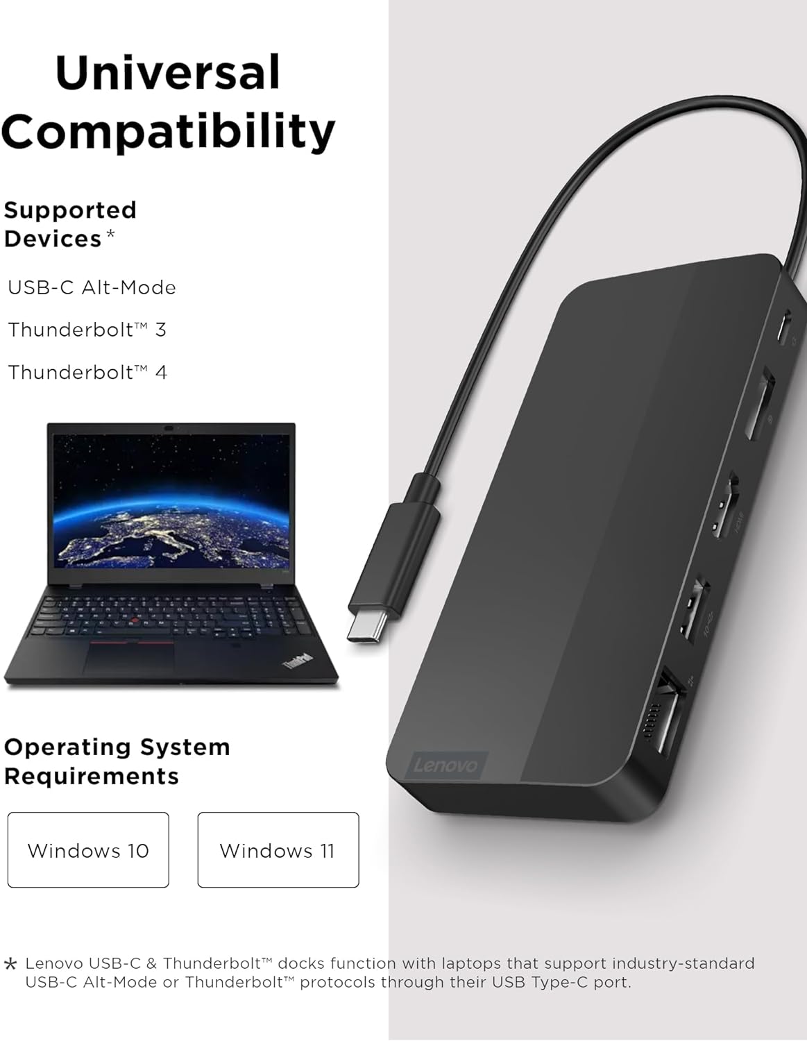 Lenovo USB-C Dual Display Travel Dock w/ 100W Power Adapter - 7 Ports, Integrated USB-C Cable, Universal Compatibility, Dual Displays at 4K - Black - Image 5