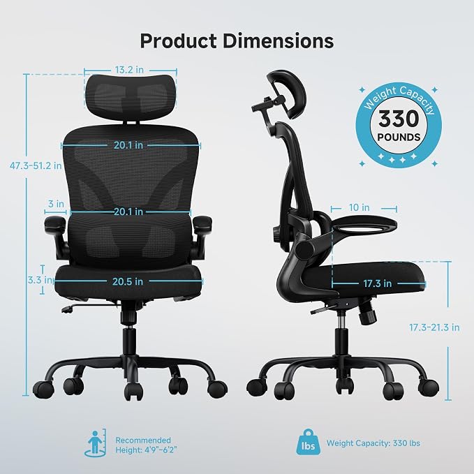 Ergonomic Office Chair, 330LBS Desk Chair with 3-Level Lumbar Support & Headrest, Breathable Mesh Backrest, Flip-Up Armrests for Home Office and Gaming, Black - Image 2