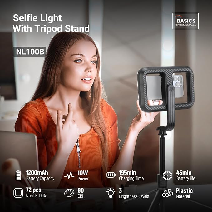 NEEWER Basics 10W Selfie Light with Tripod Stand, 1200mAh LED Square Ring Lighting, 72" Selfie Stick Phone Holder Compatible with iPhone, CRI90 3 Modes Remote for Travel Vlog Video Recording, NL100B - Image 2