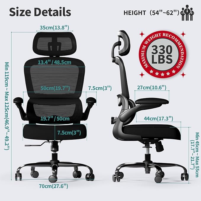 TRALT Office Chair Ergonomic Desk Chair - Gaming Chair with Lumbar Support | 330 LBS Home Office Desk Chairs with Headrest, Reading Chair with Flip-up Armrests, Comfortable Computer Chairs (15, Black) - Image 3