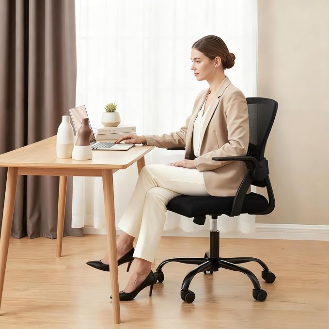 DUMOS Home Office Desk Chair, Computer Lumbar Support Chair | Ergonomic Mesh, Flip-up Armrest Height Adjustable, Rocking Mode 360 Swivel, Meeting Room, Black - Image 2