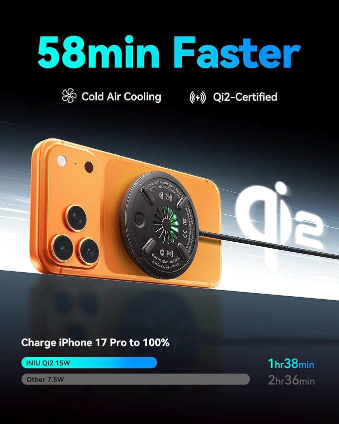 INIU Magnetic Wireless Charger, Qi2 15W Fast Charging Pad Travel Charger | MagSafe-Compatible, with LED Light, Cooling Fan, Smart Protection for iPhone 17-12 Series, AirPods 4-2(20W Adapter Included) - Image 2