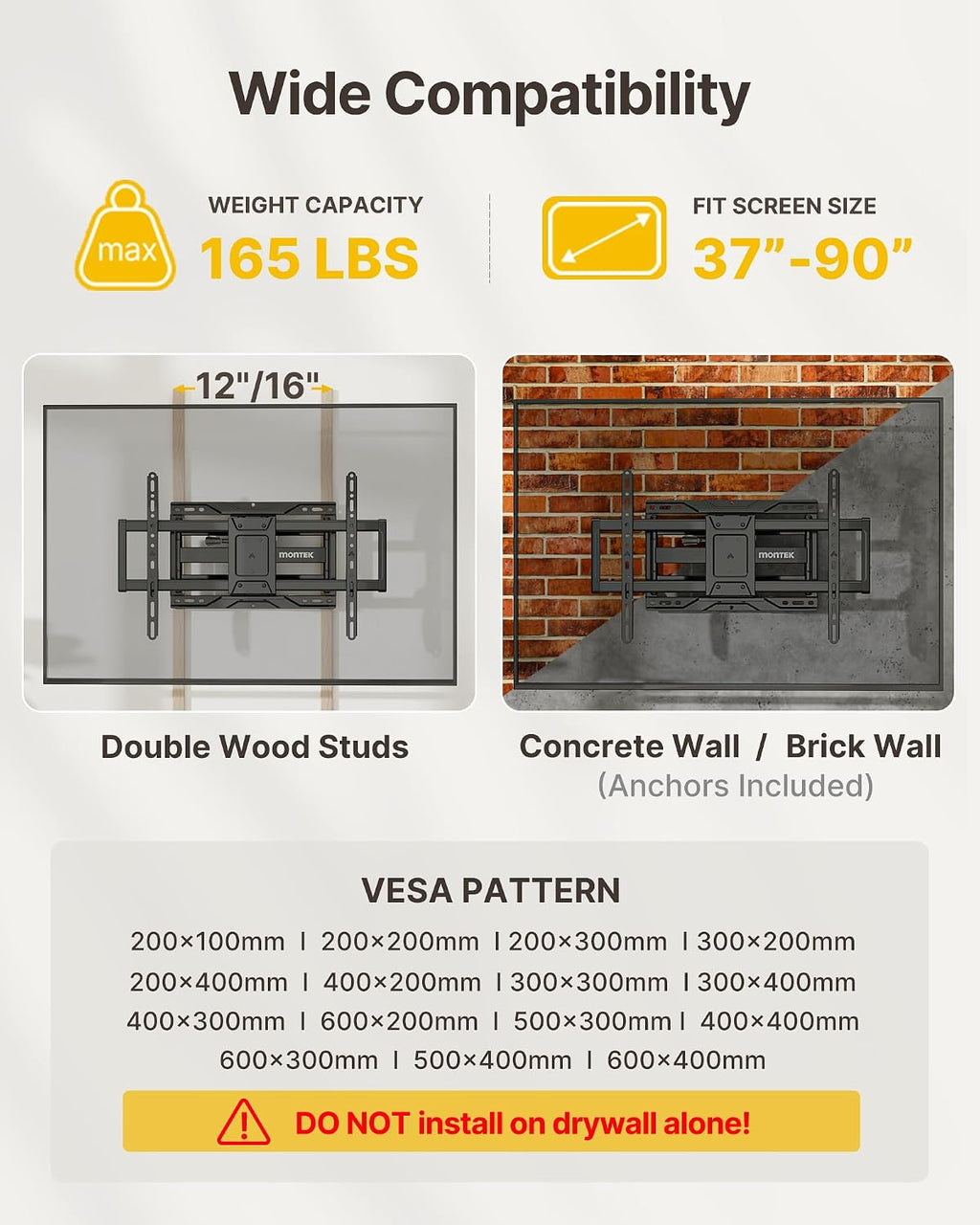 monTEK Heavy Duty Full Motion TV Wall Mount for 37-90 Inch TVs up to 165 lb - Image 2
