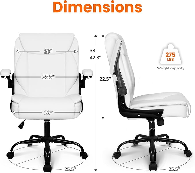 NEO CHAIR PU Leather Office Desk Chair with Adjustable Arms, White | Ergonomic Mid Back Computer Desk Chair Comfy with Wheels Swivel Rolling for Home Office Gaming Study - Image 3