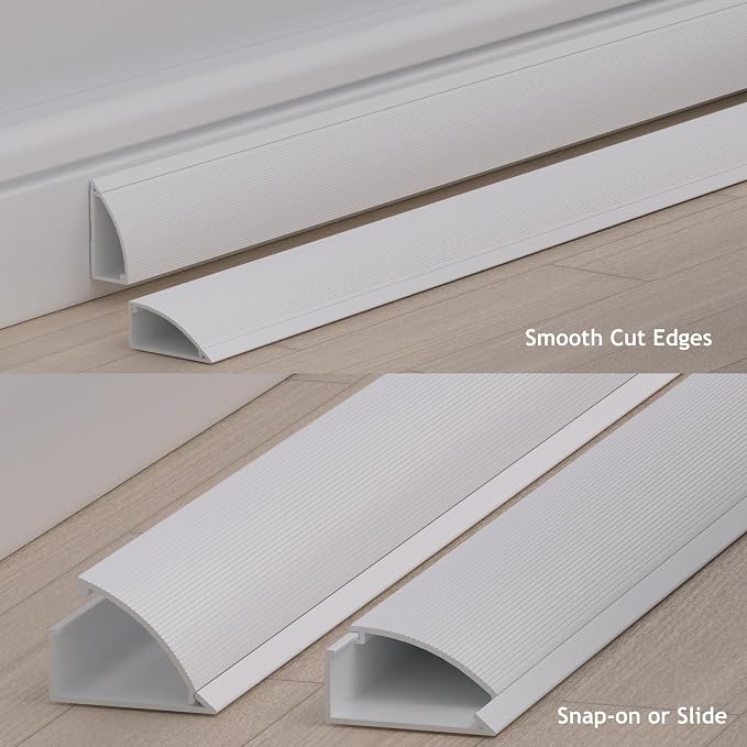 ZhiYo 68in Corner Cable Hider, Floor Cord Cover for 3-5 Cords, White | Self-adhesives Wire Hider for Baseboard/Wall, 4 Pack (17" Each), Quarter Round Cable Management Raceway, 0.8in H x 1.8in W - Image 6