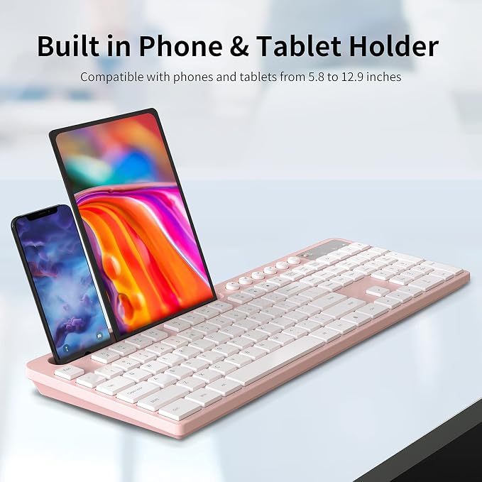 Wireless Keyboard and Mouse Combo, MARVO 2.4G Ergonomic Wireless Computer Keyboard with Phone Tablet Holder, Silent Mouse with 6 Button, Compatible with MacBook, Windows (Pink) - Image 3