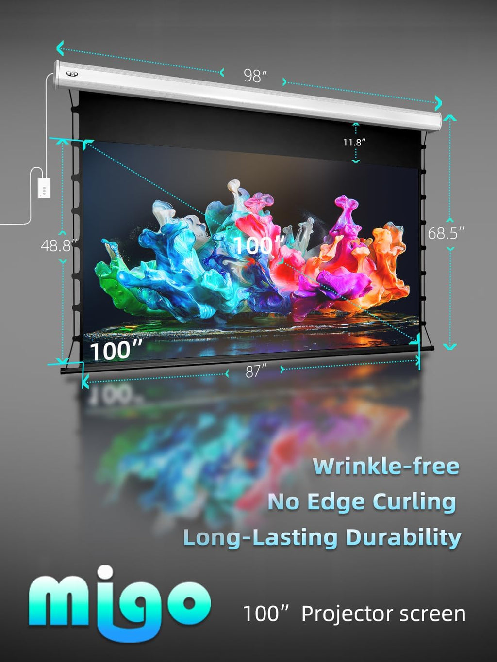 MIGO 100 Inch Tab-Tensioned Projector Screen,Electric Projector Screen Pull Down with 4K HD Partial Ambient Light Movie Screen,Wall Mount Ceiling Mount Automatic Screen for Indoor Home Theater Bedroom - Image 5