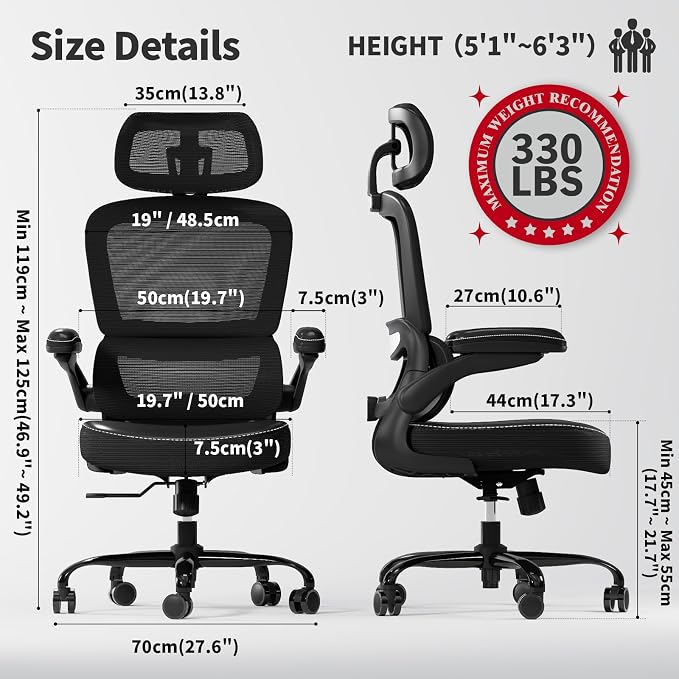 TRALT Ergonomic Office Chair Desk Chair with Adjustable Lumbar Support | Home Office Desk Chairs with Flip-up Armrests & 3D Headrest - Mesh Gaming Chairs for Adults, 330lbs, PU Leather (Black, 1) - Image 2