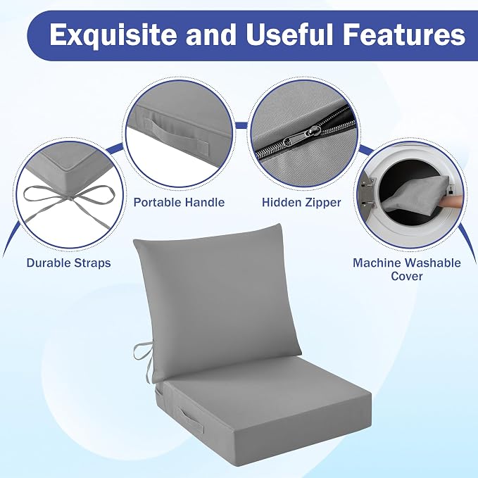 Outdoor Chair Cushions, 24 x 24 Inch Outdoor Cushion for Patio Furniture, Patio Chair Cushion, Waterproof & Fade Resistant Deep Patio Furniture Cushions Set with Handle and Ties, Grey (Set of 6) - Image 5