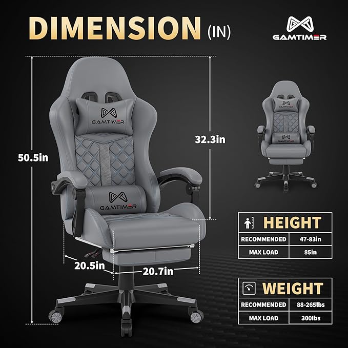 Gamtimer Gaming Chair, 400 LB Weight Capacity,with Pocket Spring Cushion | Ergonomic Backrest Office Chair,Leather, with Headrest and Lumbar Support, Footrest, Suitable for Adults(Grey) - Image 3