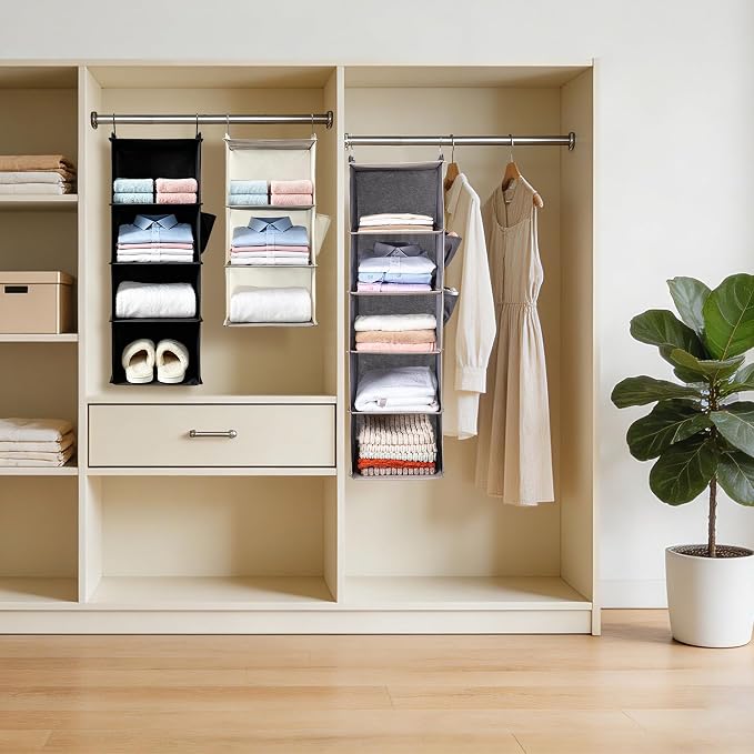 Hanging Closet Organizer and Shelves,3 Shelves with 1 Side Pockets (Beige) | Foldable, Grey Fabric, Modern Style, for Bedroom and Dorm Room - Image 7