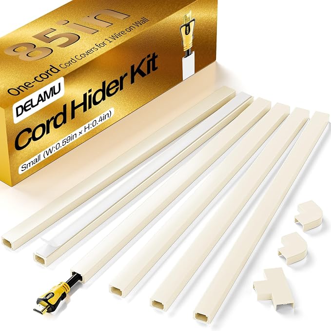 Delamu Beige Cord Hider, 85in Cord Covers for Wires on Wall, One-Cord Cable Hider, Wire Hiders Wire Covers for TV Cords on Wall, Easy Mount Cable Cover Management Kit, 6X L14.2 W0.59 H0.4in, Beige by DELAMU