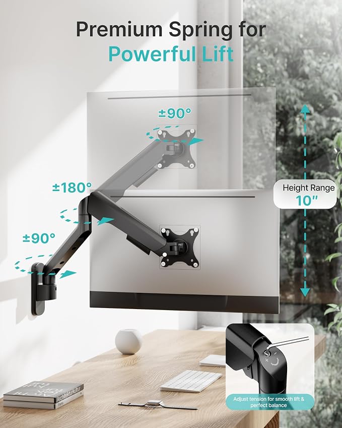 PEGZONE Single Monitor Wall Arm 17"-40" Ultrawide 26.4Lbs VESA Black | Fully Adjustable, Space Saving Design, VESA 75x75 & 100x100, For Home Office Gaming, Supports Ultrawide Displays - Image 4