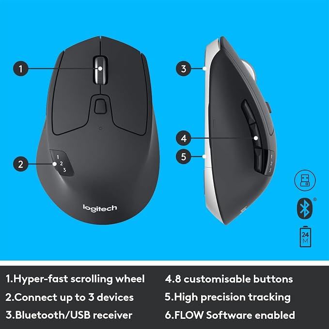 Logitech MK850 Performance Wireless Keyboard and Mouse Combo - Graphite | Connect via Bluetooth or included USB-A receiver, oversized wave-shaped keyboard, full size mouse with 8 customizable buttons - Image 8