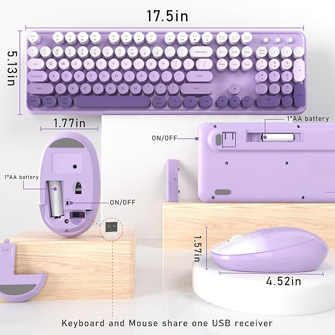 Links9+ Colorful Wireless Keyboard and Mouse Combo (Purple Gradient) | Full-Size Retro Typewriter Style Keyboard with Vintage Round Keycaps, 2.4G Wireless Set for Windows, Mac, Laptop, PC, Desktop - Image 6