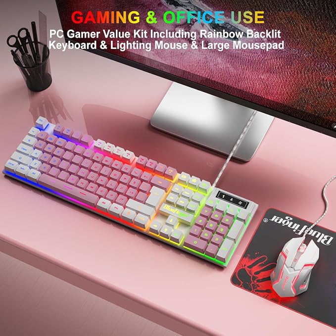 BlueFinger RGB Gaming Keyboard and Backlit Mouse Combo, USB Wired, LED Gaming Set for Laptop PC Computer Game and Work (White & Pink) - Image 6