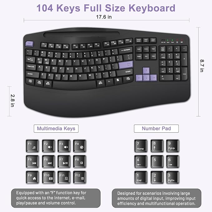 Wireless Keyboard and Mouse Combo, Full Size Ergonomic Wave Keys(Purple-B) | 2.4G Ergonomic Keyboard with Wrist Rest, Phone Holder, 3-Level DPI Silent Mouse with 6-Buttons, for Windows/Mac OS/Laptop/PC - Image 7