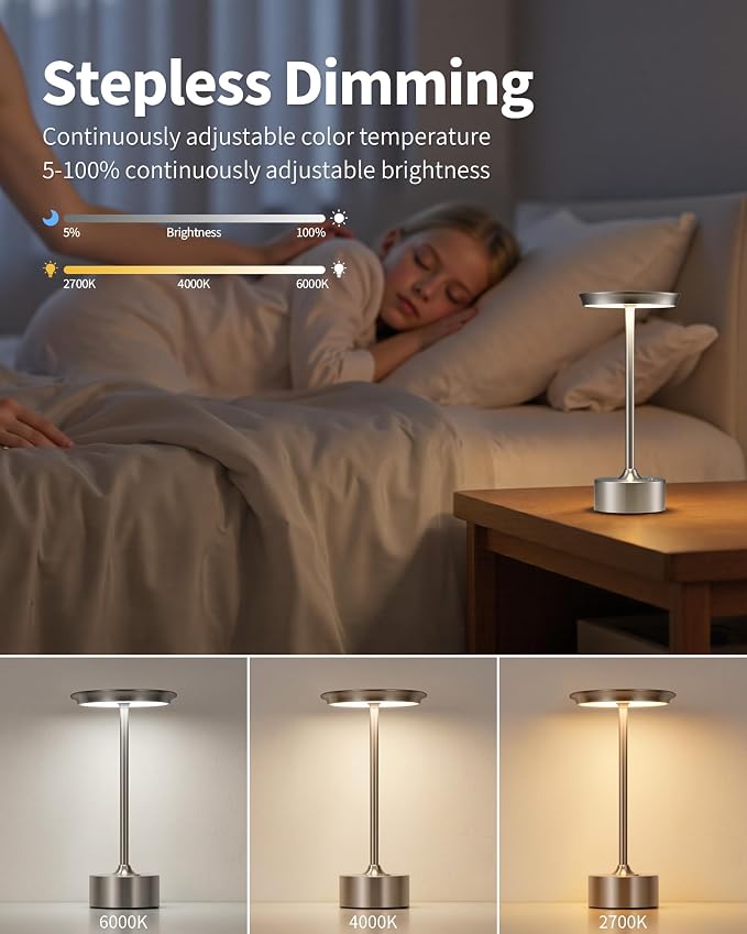 PUSU Rechargeable Table Lamps Set of 2, Nickel Cordless Portable Desk Lamp | 4000mAh Battery, Stepless Dimming & 3 Color 2700K-6000K, LED Lamp for Bedroom, Living Room, Restaurant, Outdoor, Night Light - Image 6
