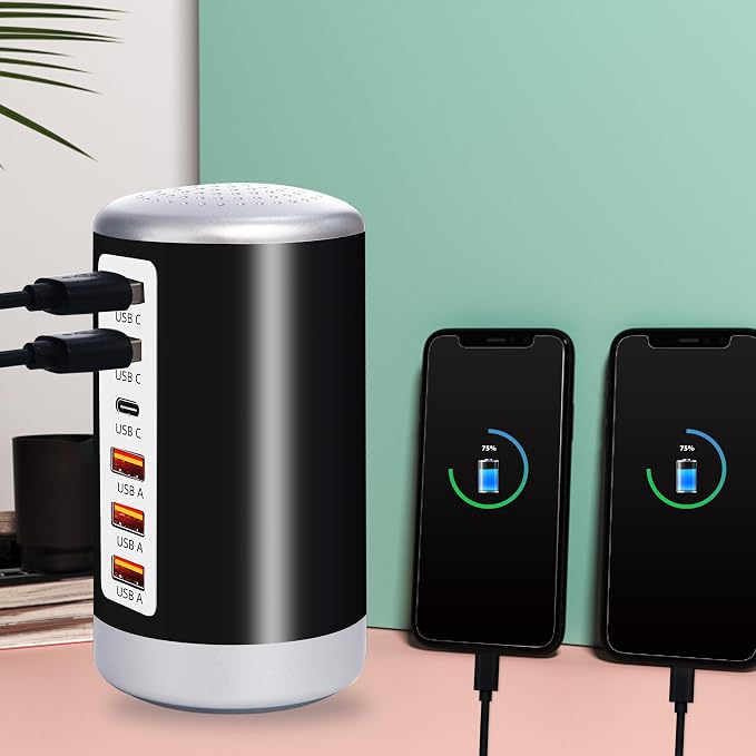 60W USB Charging Station, 6-Port (3 USB-A & 3 USB-C) Compatible with iPhone 15/14/13/12/11, Tablets, Smartphones Black - Image 3