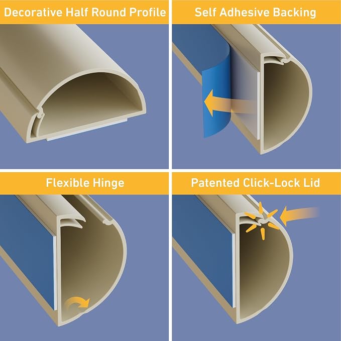 D-Line 13.12ft Cord Hider Kit, Patented Cable Cover, Hide Wires on Wall, Channel for TV Mount Cords, Raceway Wire Hiders, Paintable, Adhesive, Half Round, 4X 1.18in W x 0.59in H x 39in Lengths, Beige - Image 3