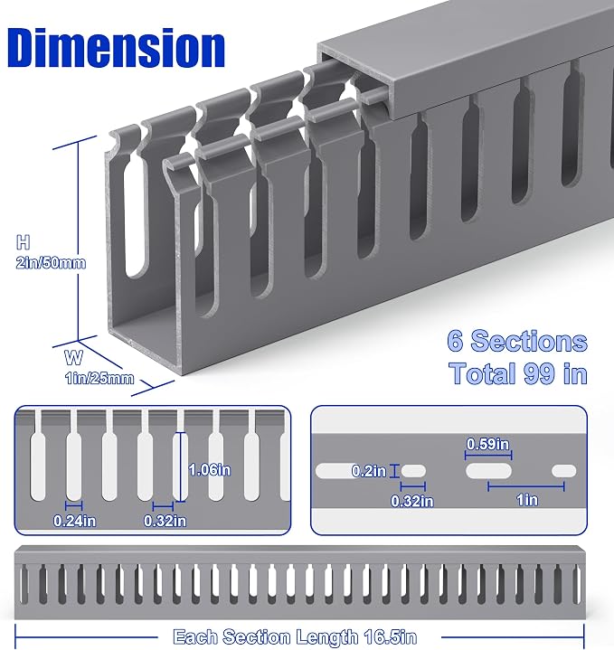 ZhiYo 2" H x 1" W Cable Management Raceway, 99in Under Desk Channel, Grey | Slotted Wire Duct, 6Pack, 16.5in Each, Heavy-Duty PVC Cable Management for Server Racks, Network Cables & Electrical Cabinets - Image 2