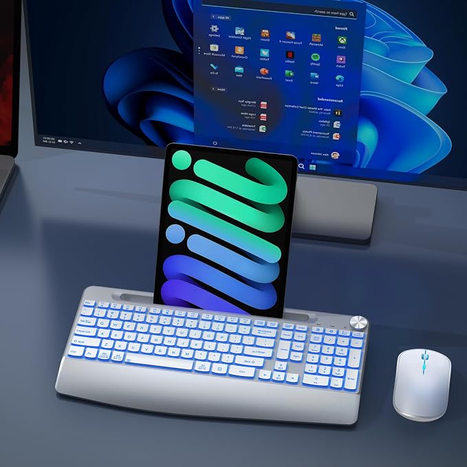 JOYACCESS Ergonomic Wireless Keyboard with Phone Holder,Rechargeable Backlt Wireless Keyboard Mouse Combo with Light Up Keys for for Laptop, PC, Mac, Windows-Silver White - Image 7