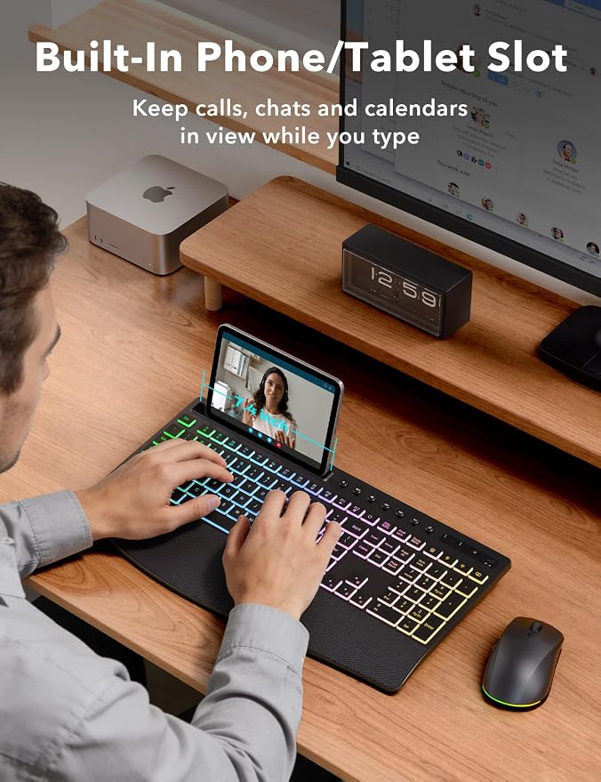 Trueque Wireless Keyboard and Mouse Combo, 4000mAh Battery, Wrist Rest | Rechargeable, 15 Backlit Effects, Full Size, Phone Holder, Quiet Typing, 2.4GHz Wireless, USB-A & C Connectivity for Windows - Image 8