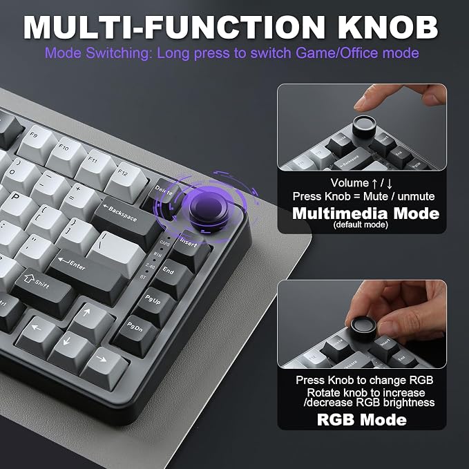 YUNZII B75 PRO 75% Wireless Mechanical Keyboard (Dark Grey,Milk Switch) | Hot Swap Keyboard with Knob, Gasket Mount, Creamy Pre-lubed Switch for Smooth Typing, BT/USB-C/2.4G, for Gaming - Image 8